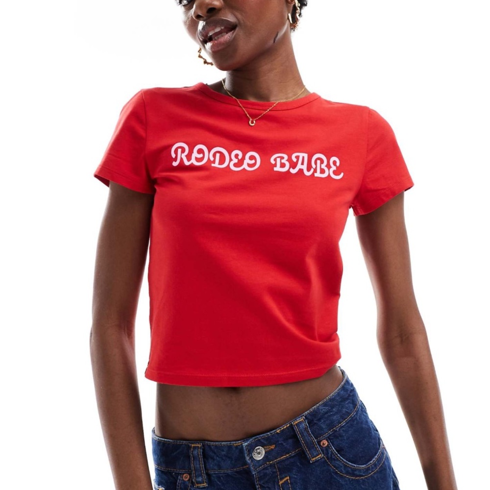 Monki ( ASOS ) Red Crop Tee with White 'RODEO BABE' Print